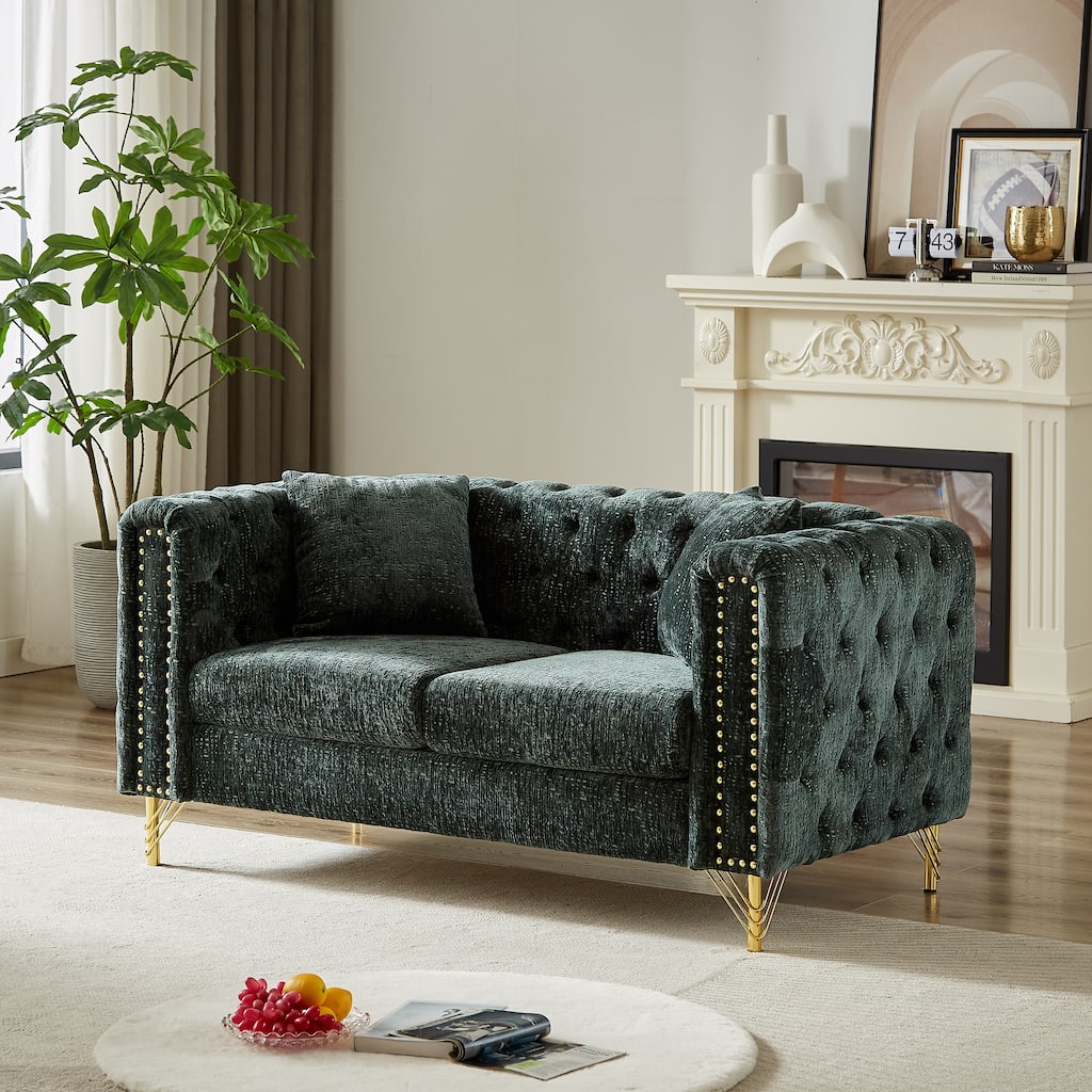 Chesterfield 60-Inch Chenille Sofa with Nailhead Trim and Metal Legs, Classic Button-Tufted Couch