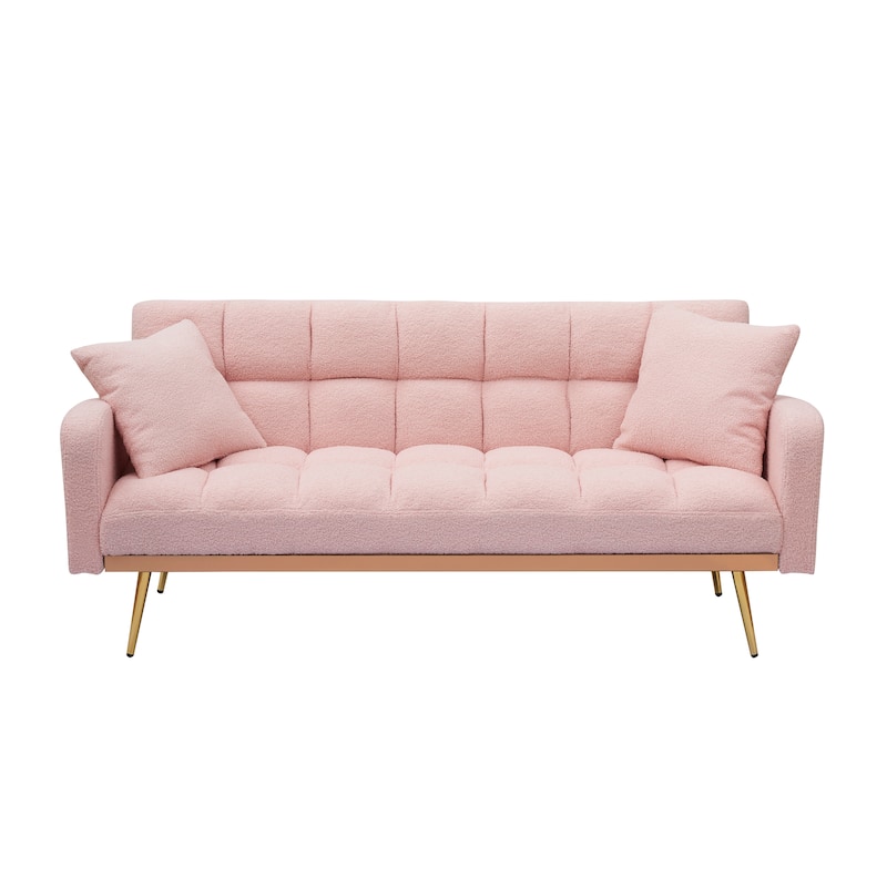 Futon Sleeper Sofa Bed Teddy Fabric Lounge Couch with 3 Speed Adjustable Back, Removable Armrest and Pillows for Small Space