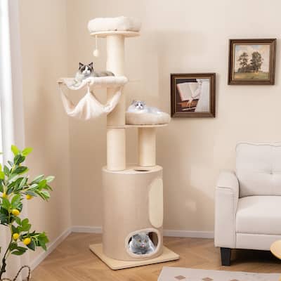 Wooden Cat Tree 74 Inches Tall with 2-Story Condo & Washable Soft Cushions - 23" L x 23" W x 74" H