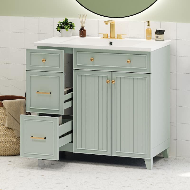36 inch Solid Wood Bathroom Vanity with Ceramic Sink and 2 Drawers - 36''