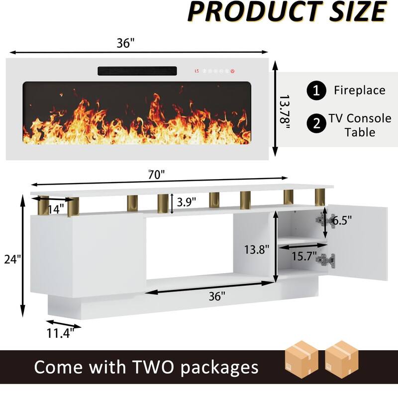 BOSSIN 70" Modern Electric Fireplace TV Stand, with Electronic Flame and LED Lights, High Gloss Finish Entertainment Center