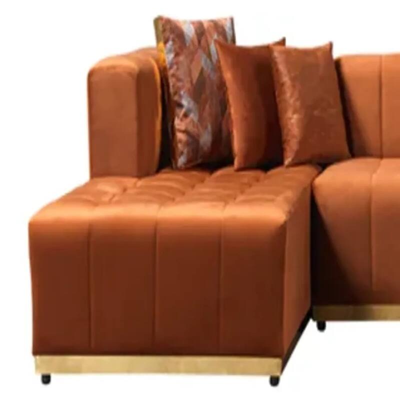 HomeRoots Orange Velvet U Shaped Three Piece Sofa and Chaise Sectional With Toss Pillows