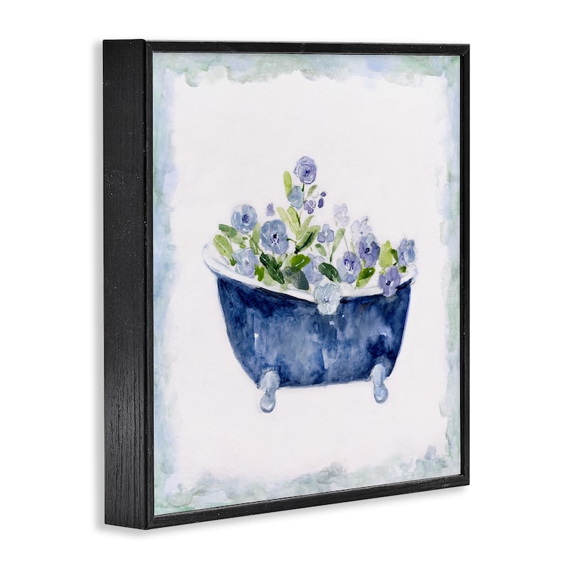 Stupell Charming Blue Bathtub Botanical Floral Design Watercolor Border Framed Wall Art - White