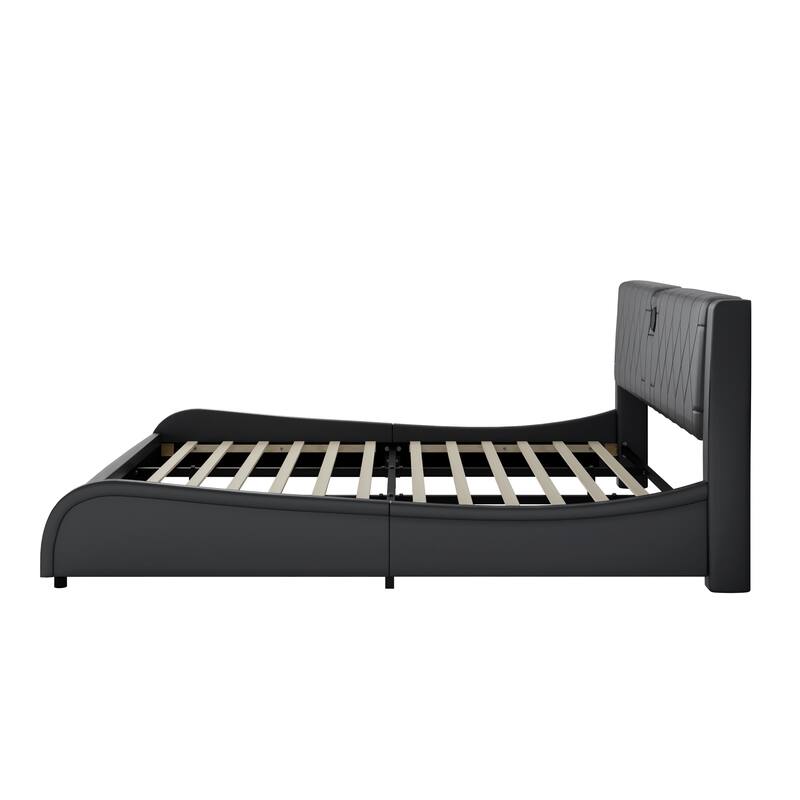 Roomfitters Full/Queen/King Size Platform Bed, Faux Leather Frame, Thick Headboard, Bluetooth Audio, No Box Spring Needed