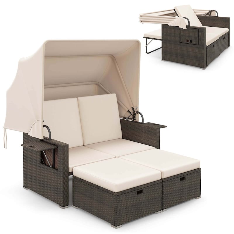 Gymax Rattan Daybed w/ Adjustable Backrests & Retractable Canopy for - Beige
