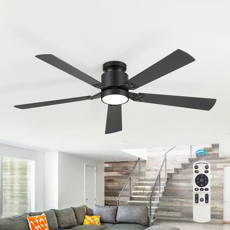 52-Inch Matte Black Flush Mount Ceiling Fan with RGB LED Light and Remote - Remote
