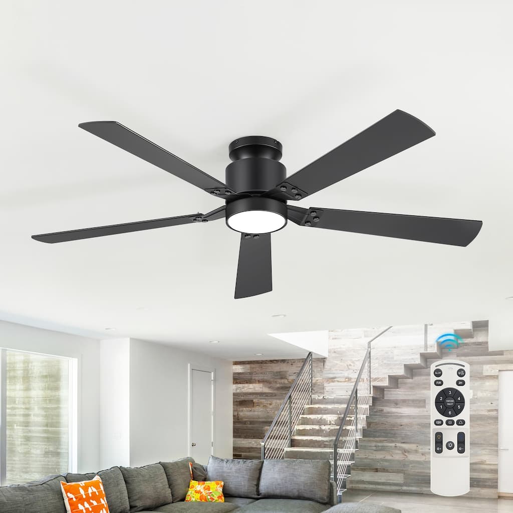 52-Inch Matte Black Flush Mount Ceiling Fan with RGB LED Light and Remote