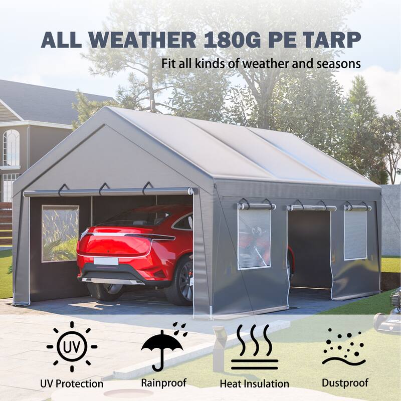 GDFStudio - Penman Heavy Duty Canopy Garage with Removable Sidewalls and Roll-up Ventilated Windows & Door