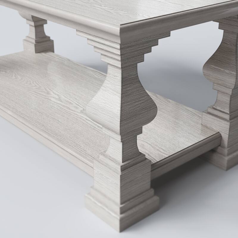 Solid Wood Coffee Table with Storage Shelf, White Washed Rustic Living Room Center Table