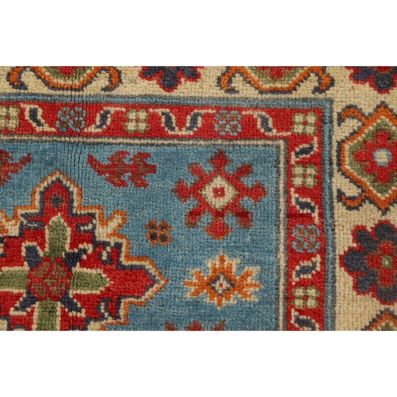 Light Blue Geometric Kazak Rug Hand-Knotted Oriental Wool Carpet - 2'8" x 3'11"
