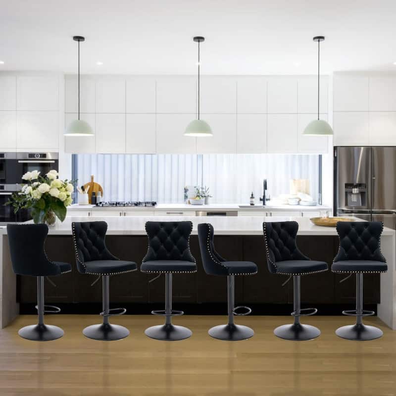 Velvet Upholstered Nailheads Tufted Swivel Bar Stools (Set of 6) - Black BlackBase