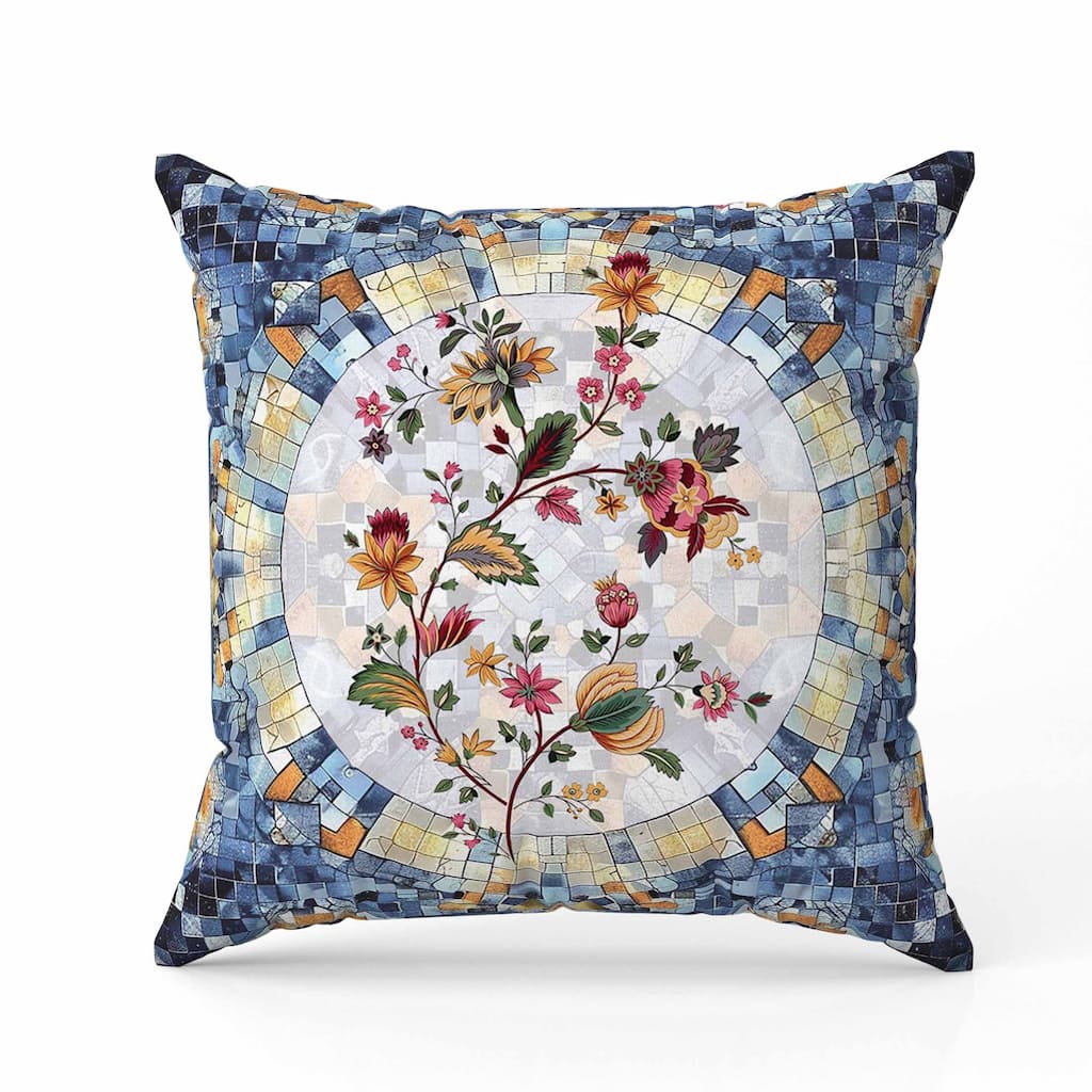 Botanical Mosaic Indoor/Outdoor Reversible Throw Pillow Blue and Orange