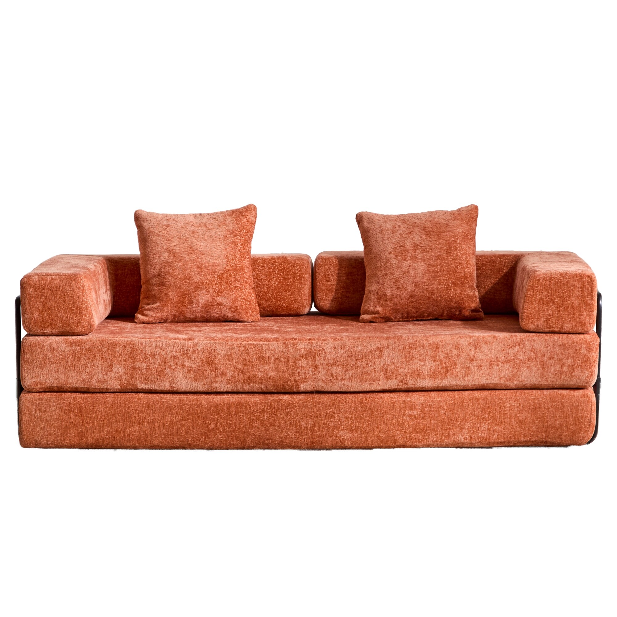 Convertible Floor Sofa Bed with Pillow, Orange Chenille, 77x37x24