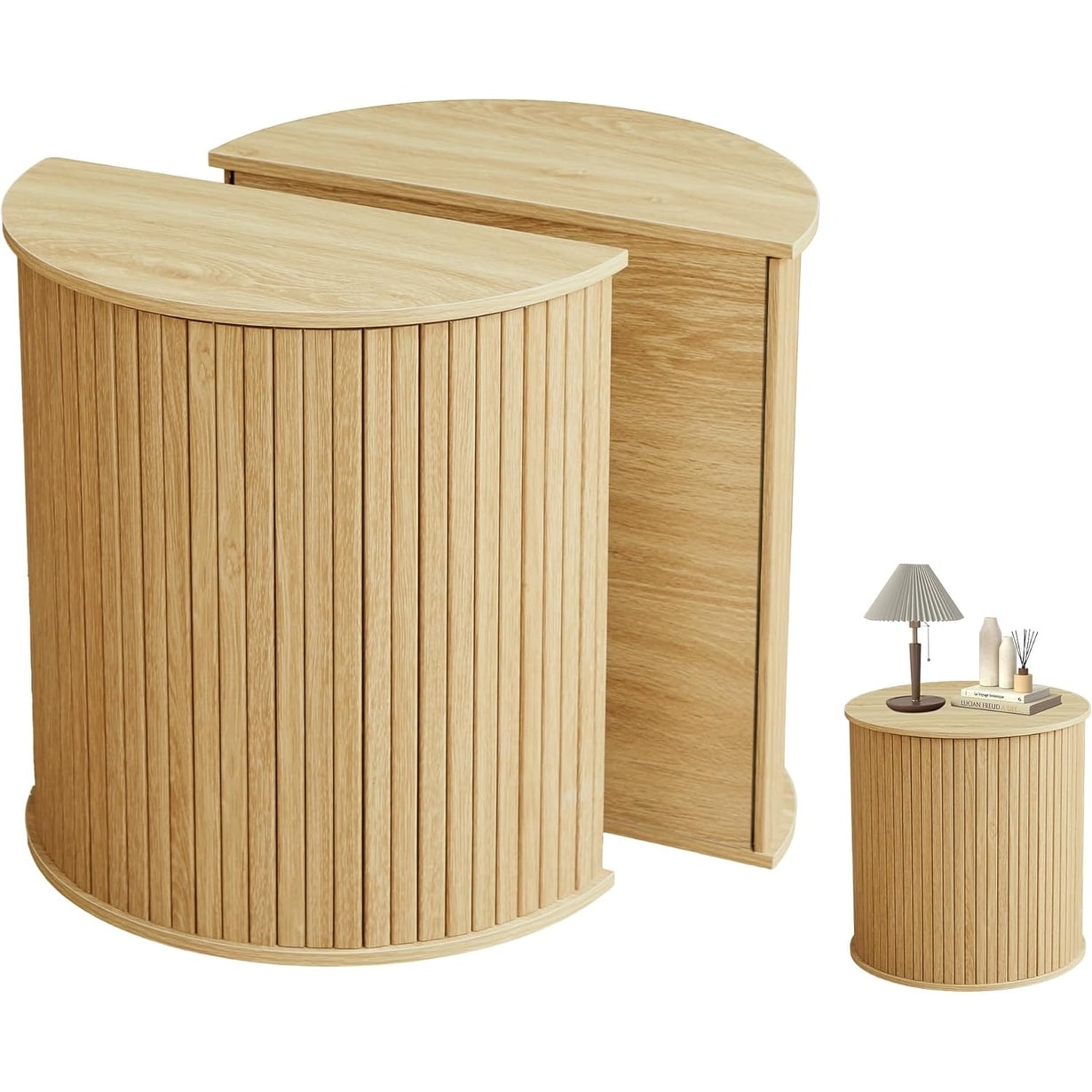 Nesting Half-Moon Side Table Set with Storage Lid, Fluted Accent Table for Living Room & Bedroom