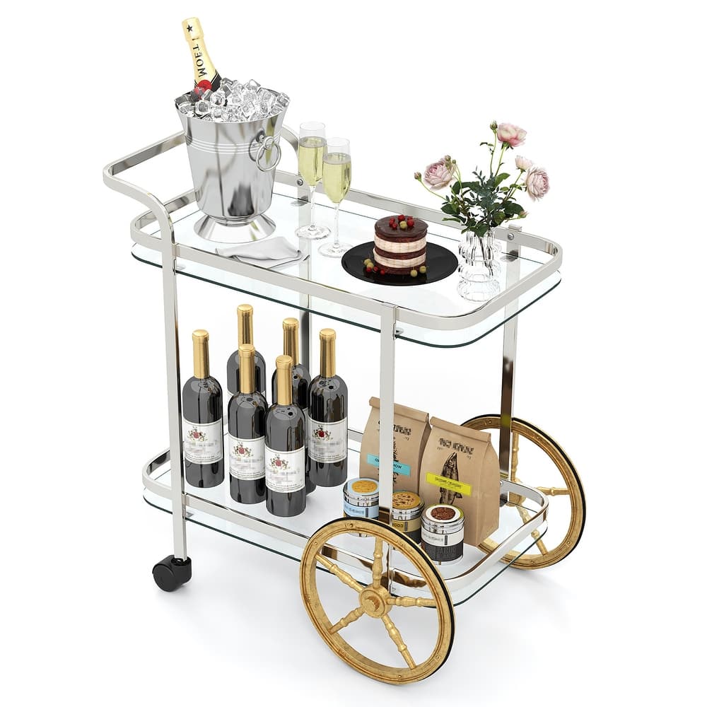Gymax 2-Tier Serving Cart w/ Tempered Glass Shelves 2 Large Aluminum