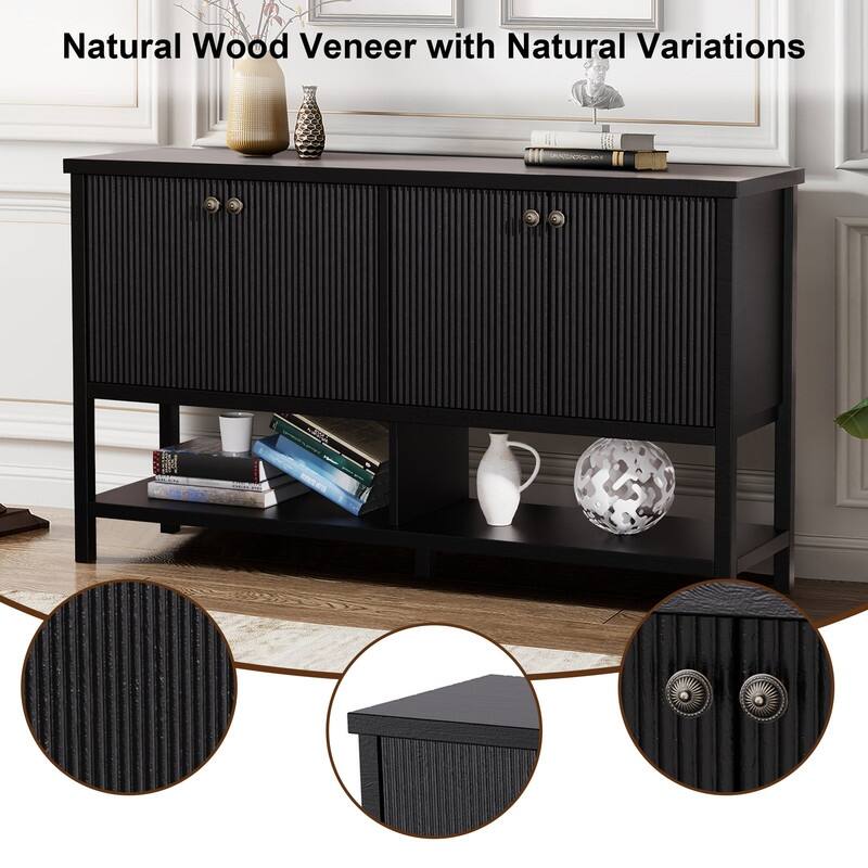 59" Sideboard Buffet Cabinet – Fluted 4-Door Storage, Farmhouse Accent Sideboard Large Console Table for Kitchen or Hallway