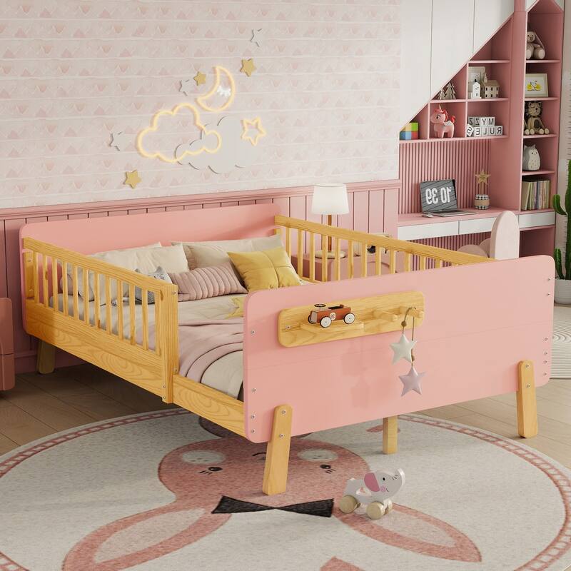 Kids Wood Platform Bed with Guardrails, Bottle Holder and 2 Hanging Rod, Convertible Toddler Daybed, Low Profile Design Frame