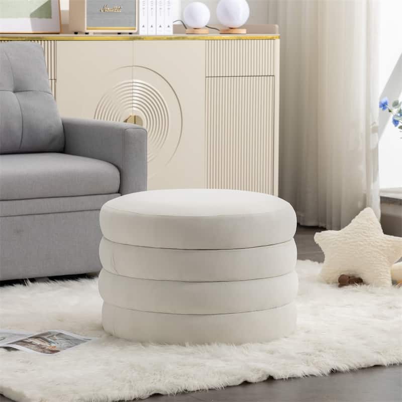 Fabric Storage Round Ottoman Footstool with Wooden Shelving