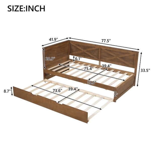 dimension image slide 0 of 4, Twin Size Solid Pine Wood Daybed, Sofa Bed Frame with X-Shaped Design Guardrail for Kids Boys Adults