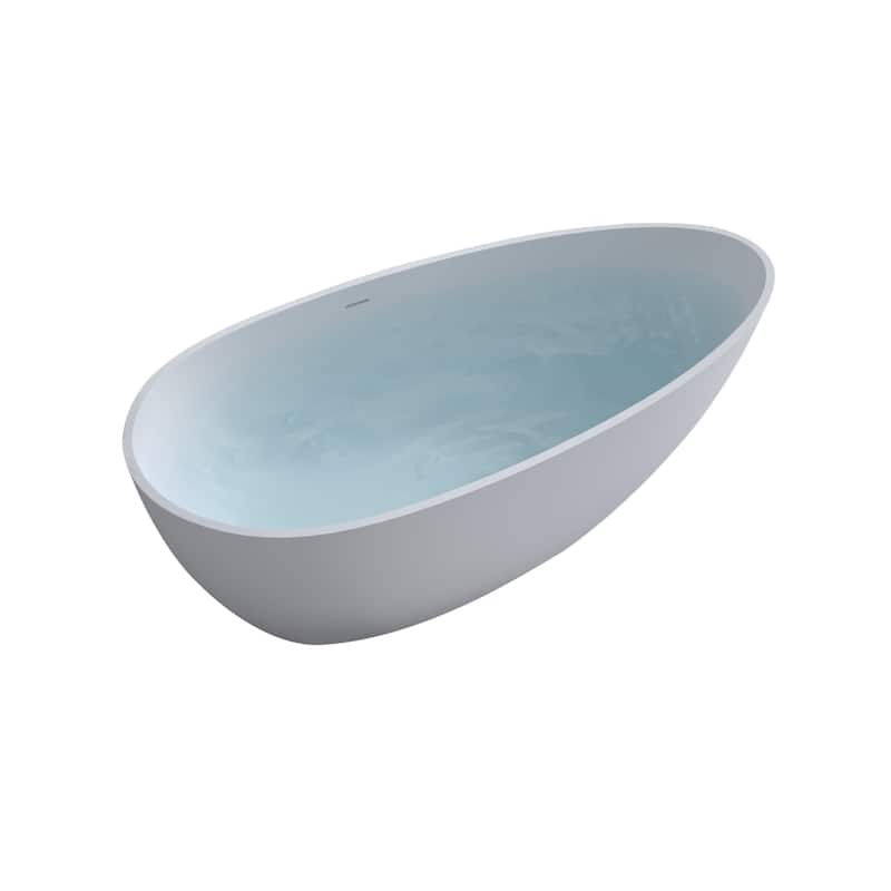 Solid Surface Freestanding Soaking Bathtub with Center Drain and Pop-up Drain, Modern Matte White Tubs with Overflow