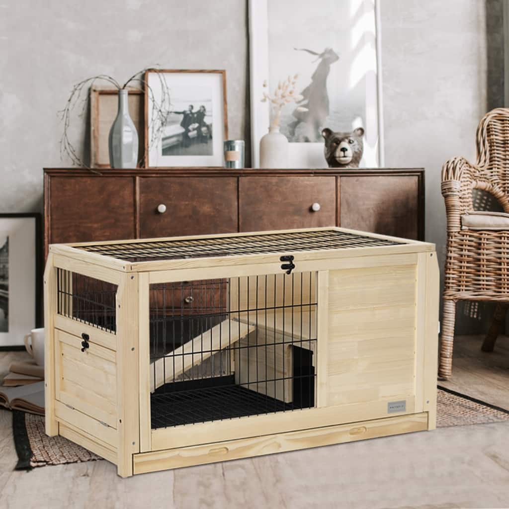 Wooden Indoor Hutch for Small Animals with Plastic Tray and Resting Area