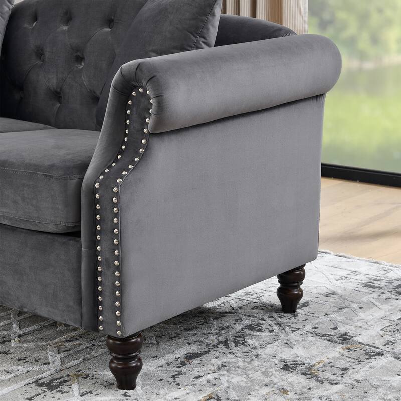Chesterfield Velvet 3+3 Seater Sofa Tufted Couch with Rolled Arms and Nailhead & Pillows for Living Room, Bedroom, Apartment