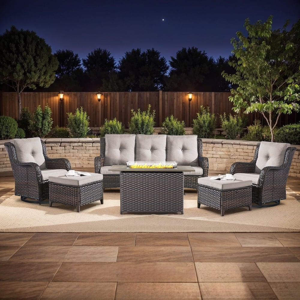 Gymojoy 6-Piece Outdoor Furniture Sofa Set with 2 Swivel Chairs, 2 Ottomans & 55K BTU Fire Pit Table