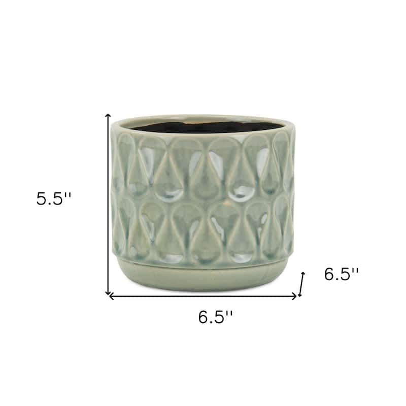HomeRoots 7" Green Geometric Imprint Ceramic Indoor Outdoor Round Pot Planter