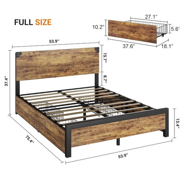 dimension image slide 0 of 2, Metal Platform Bed Frame with 4 Storage Drawers,Wooden Headboard