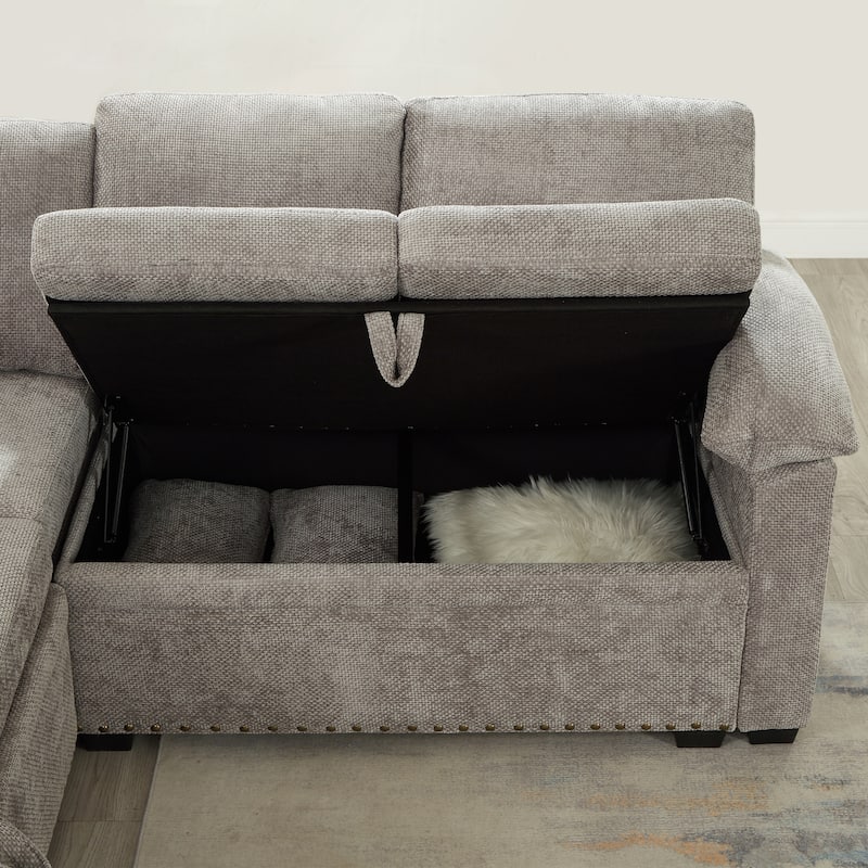 L-Shaped Chenille Sectional Sofa with Pull-Out Bed, Upholstered Convertible 7-Seater Sofa with Storage Ottoman & 2 Pillows