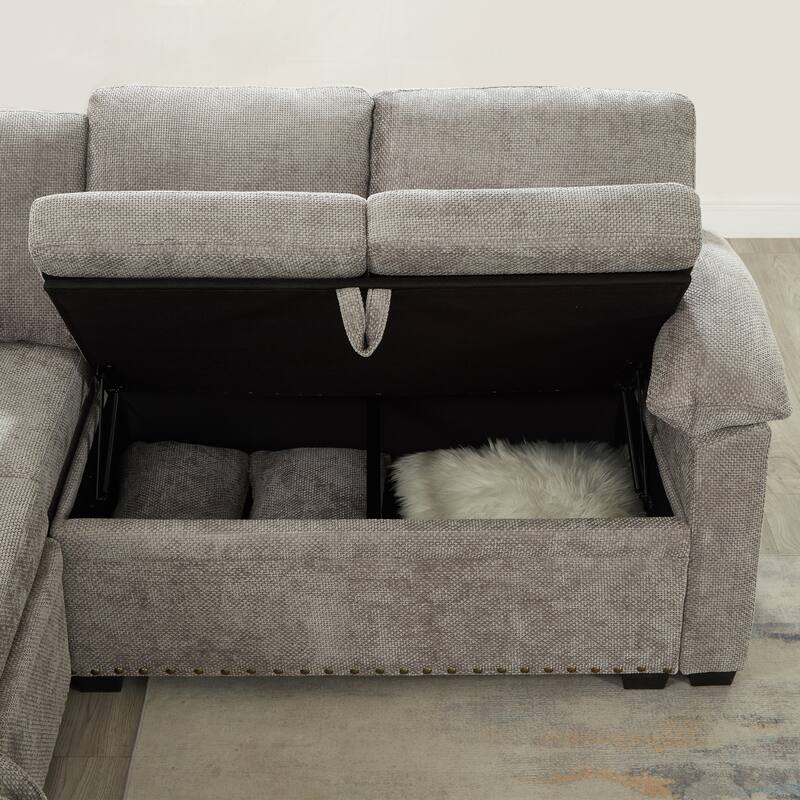 L-Shaped Corner Sectional Sofa with Seat and Storage Ottoman, Chenille Sofa Bed with 2 Pillows for Living Room Sleeper Couch