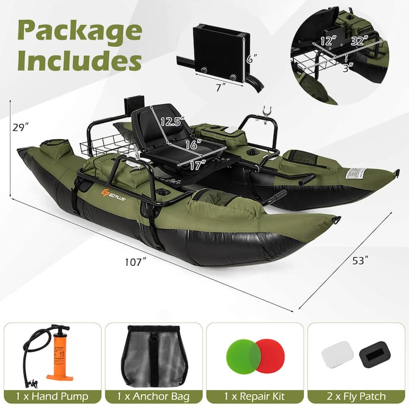 Goplus Inflatable Fishing Float Tube with Foldable Padded Seat, - Green + Black - See Details