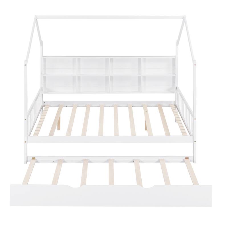 Full Size Wooden House Bed with Trundle and Shelf for Kids, White