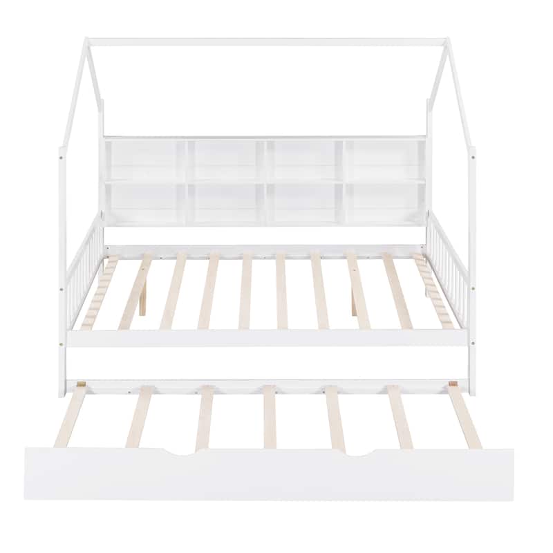 White Wooden Full Size House Bed w/ Trundle, Kids Bed w/ Shelf