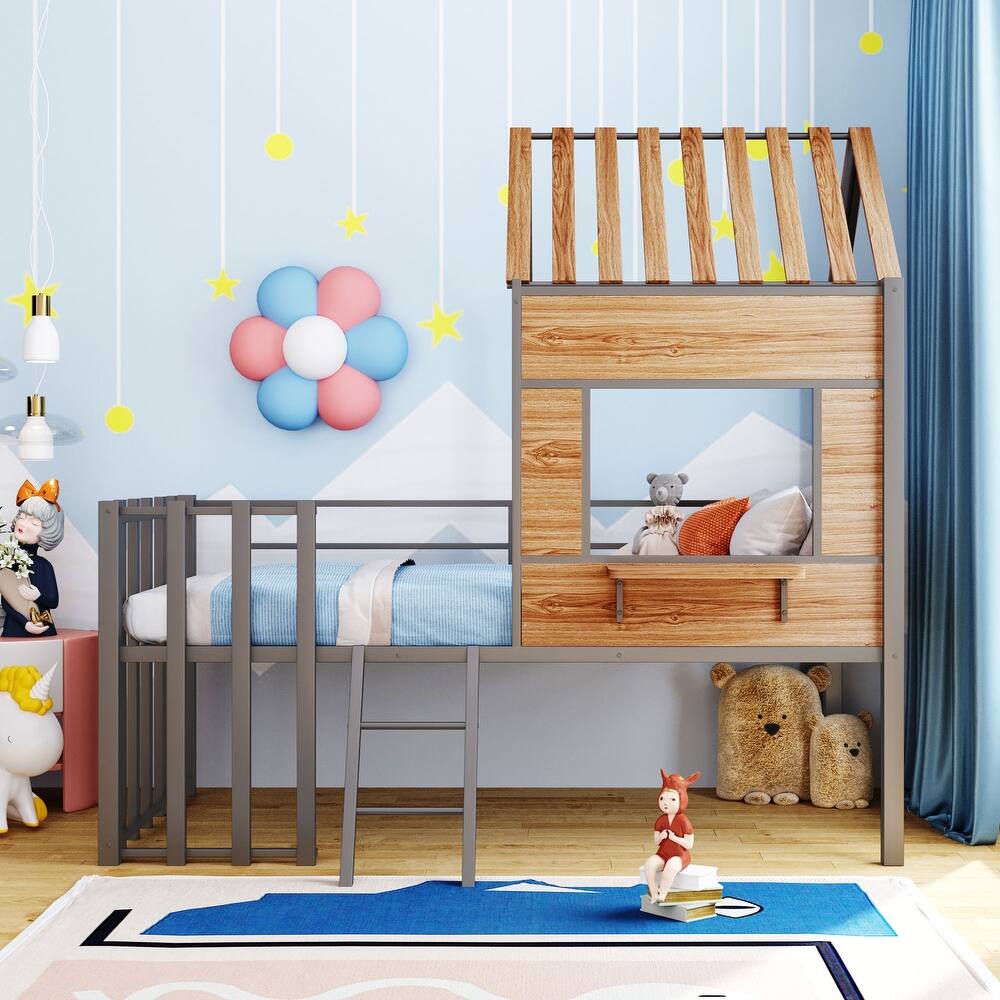 Metal & Wood Construction Loft Bed, Twin Size House Bed Frame with Shelf, Semi-Enclosed Roof, Window, Guardrail and Ladder