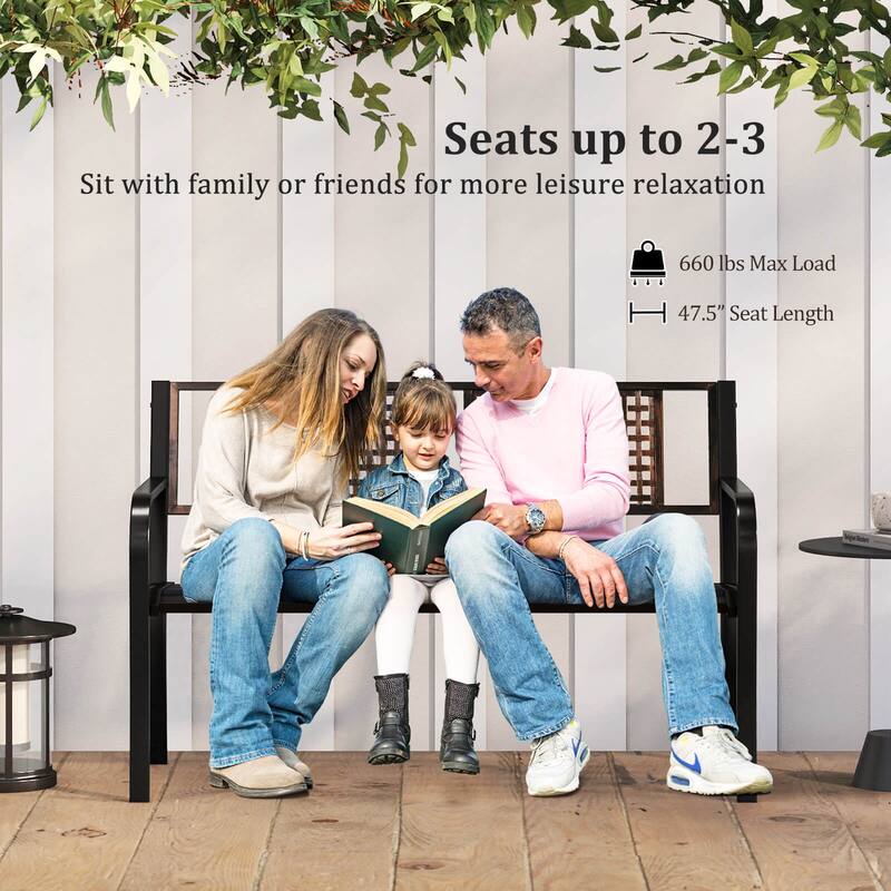Costway 50" Outdoor Metal Park Bench with Rattan-Like Backrest & - See Details