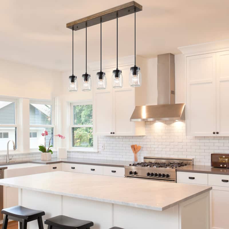 Modern Rustic Mason Jar Glass Kitchen Island Pendant Lights Farmhouse 5-light Bar Chandelier - L29" * W4.72" * H69"