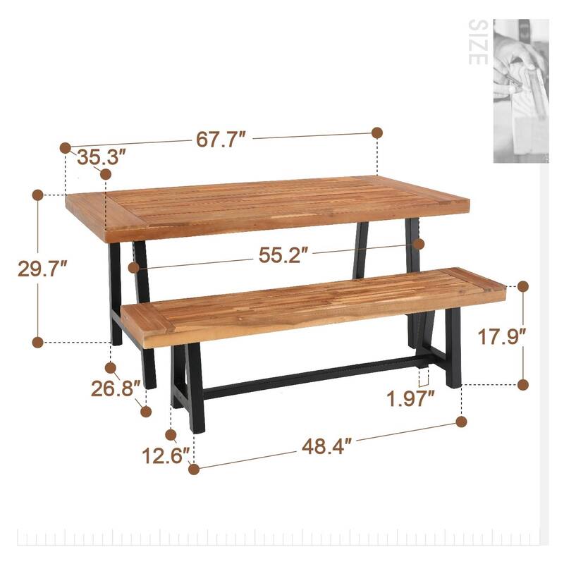 2-Piece Patio Wooden Dining Set，1 Wooden Table and 1 Wooden Bench