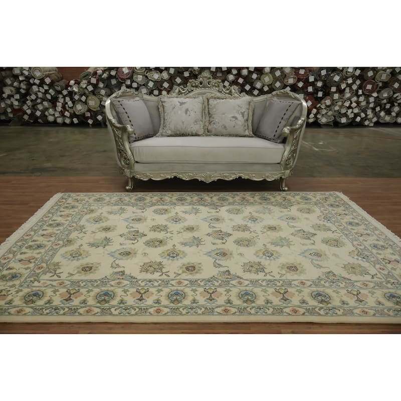 Hand Knotted Oriental Wool & Silk Carpet Traditional All-Over Beige & Ivories Tabriz Area Rug - 9' 5'' X 6' 3''