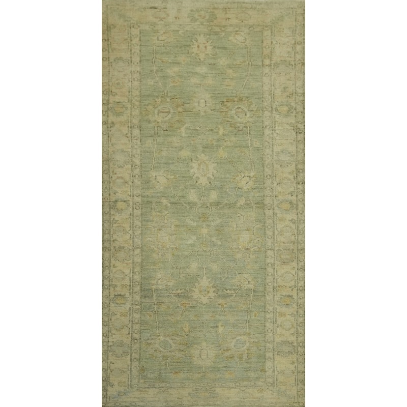 Vegetable Dye Green Oushak Turkish Rug, Floral Geometric - 6' 1'' X 2' 9''