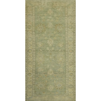 Vegetable Dye Green Oushak Turkish Rug, Floral Geometric - 6' 1'' X 2' 9''