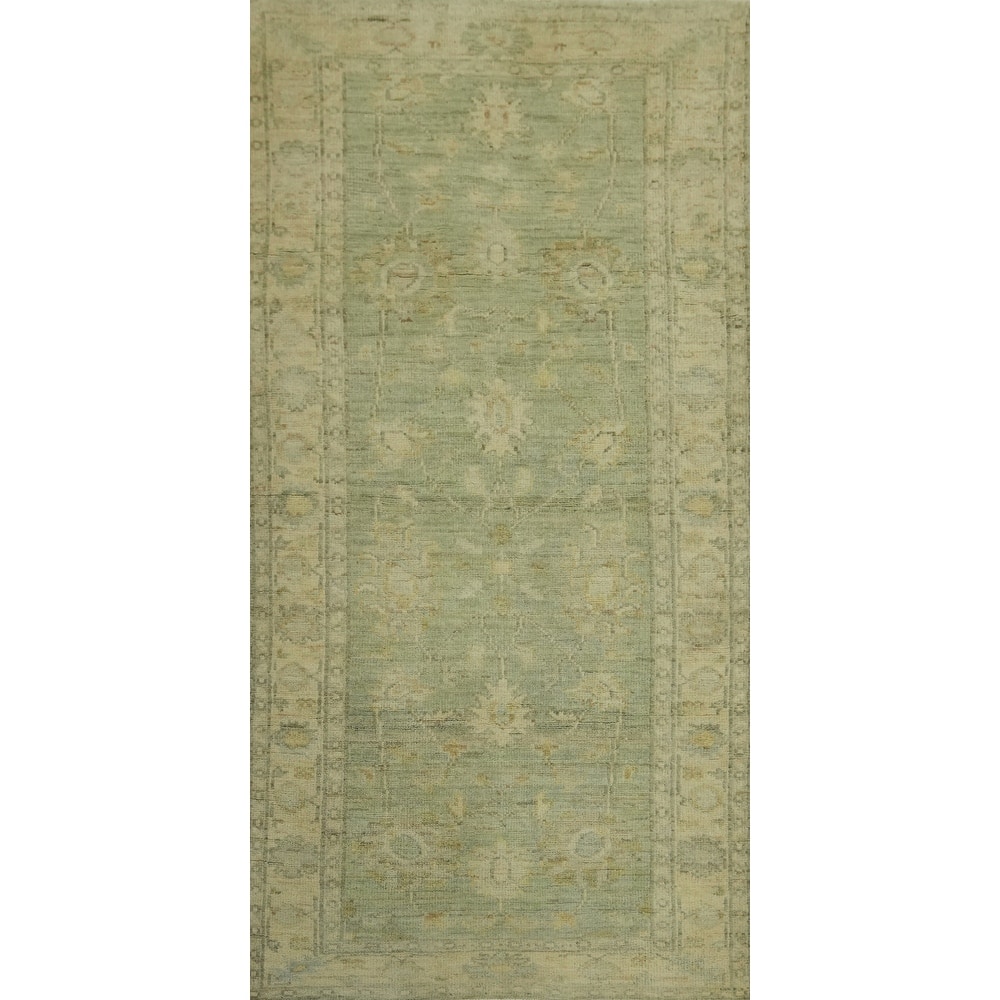 Vegetable Dye Green Oushak Turkish Rug, Floral Geometric - 6' 1'' X 2' 9''