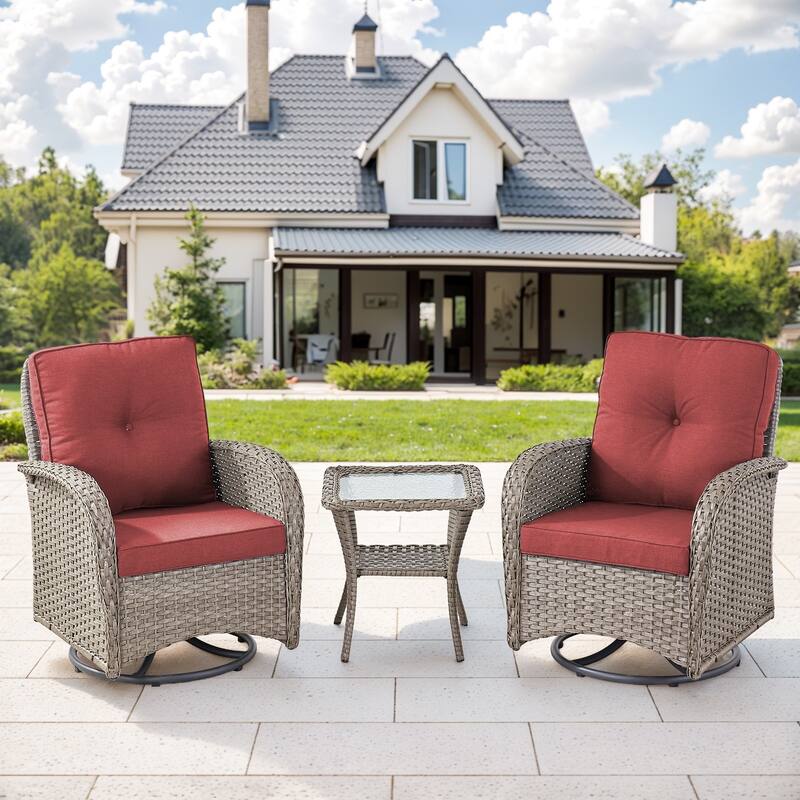Gymojoy Patio Furniture Set Outdoor Wicker Swivel Glider Chairs Set - 3-Piece - Grey Wicker / Red Cushion