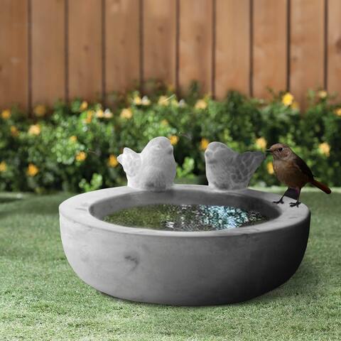 Cement Round Bird Bath with 2 Figurine and Engraved Floral Motif, Gray
