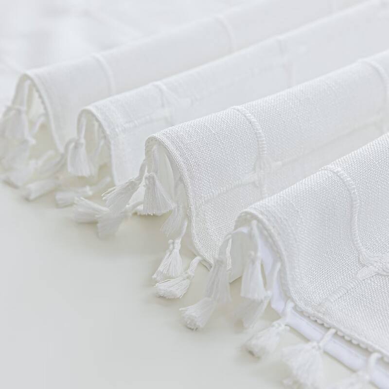 No Hooks Linen Textured Geometric Tassels Shower Curtain with Snap-in Liner