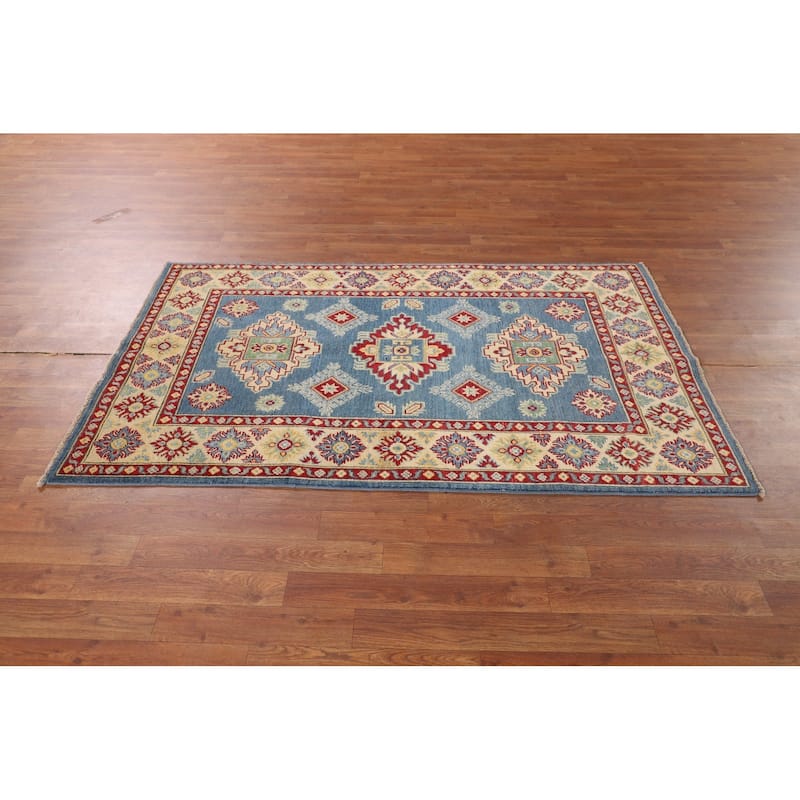 Geometric Kazak Area Rug Hand-Knotted Oriental Blue Wool Carpet - 3'7" x 5'9"