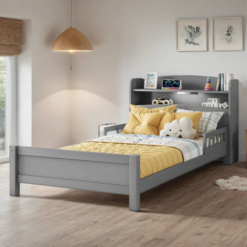 Twin Size Pine Bed w/ Bookcase Headboard ,LED Sensor Light, Guardrails