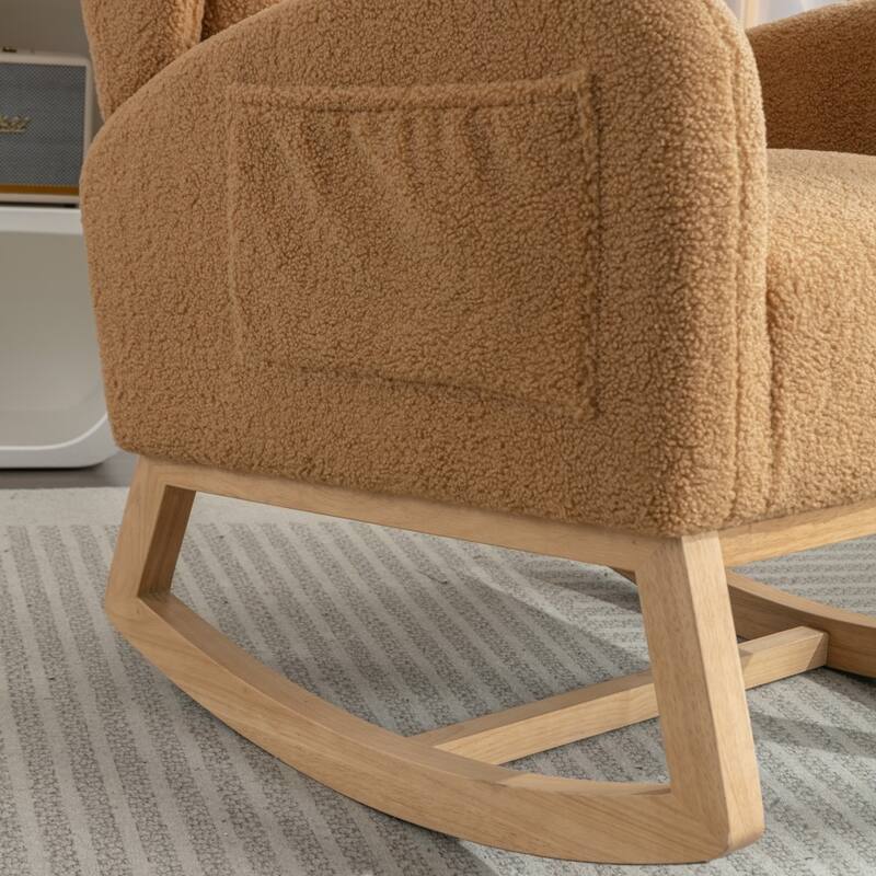 Modern Teddy Fabric Home Rocking Chair with Wood Leg, Tufted High Back