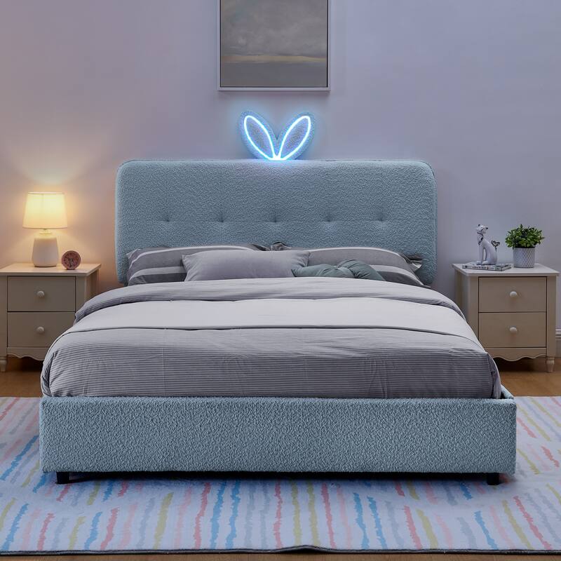 Queen Size Boucle Upholstered Bed with Rabbit Ear Headboard, LED Music Sync & 4 Drawers