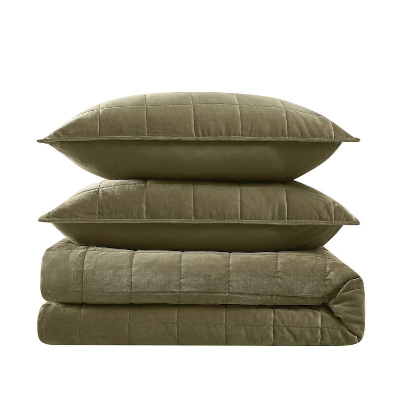 Brooklyn Loom Matte Cotton Velvet Box Stitch Quilt Set - Green - Twin - Twin XL - 2 Piece